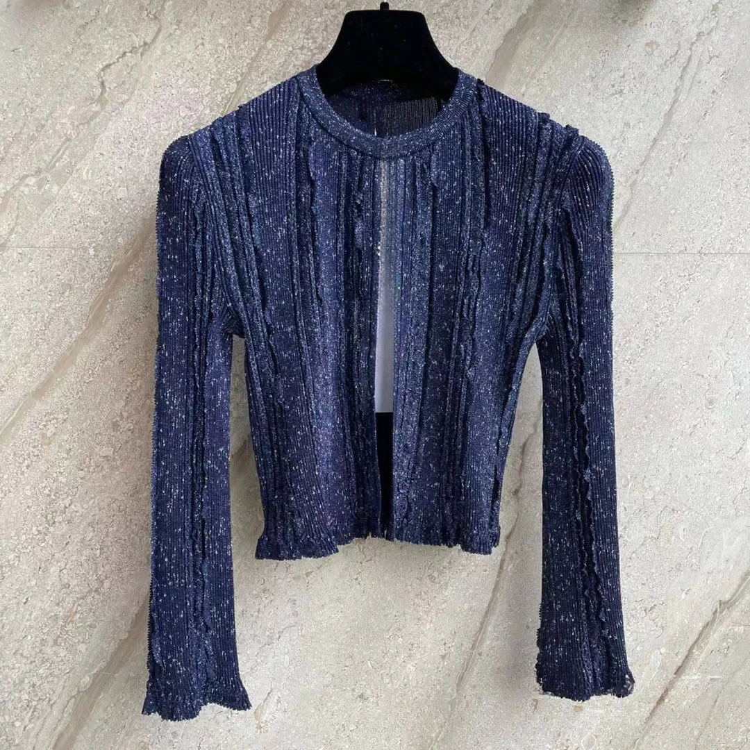 Golden Thread Starry Sky Blue Knitted Cardigan High-end Slimming Top for Socialites