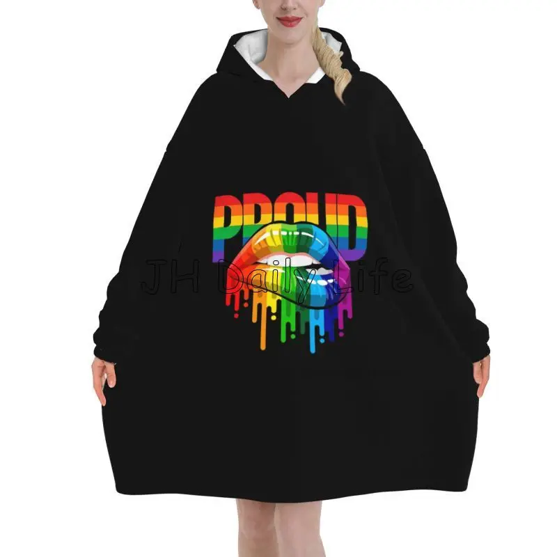 Proud LGBT Rainbow Lips Wearable Blanket Hoodie Women Oversized Pullover Sweatshirt Flannel Fleece Sherpa Blanket with Pockets