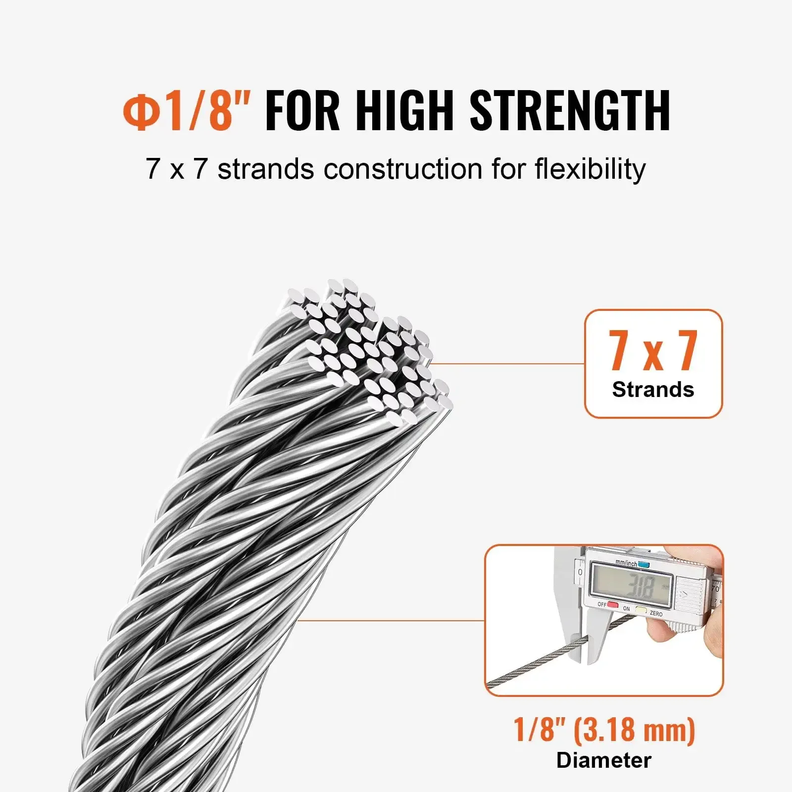 T304 Stainless Steel Cable 1/8" 7x7 Steel Wire Rope 100 ft Cable Railing