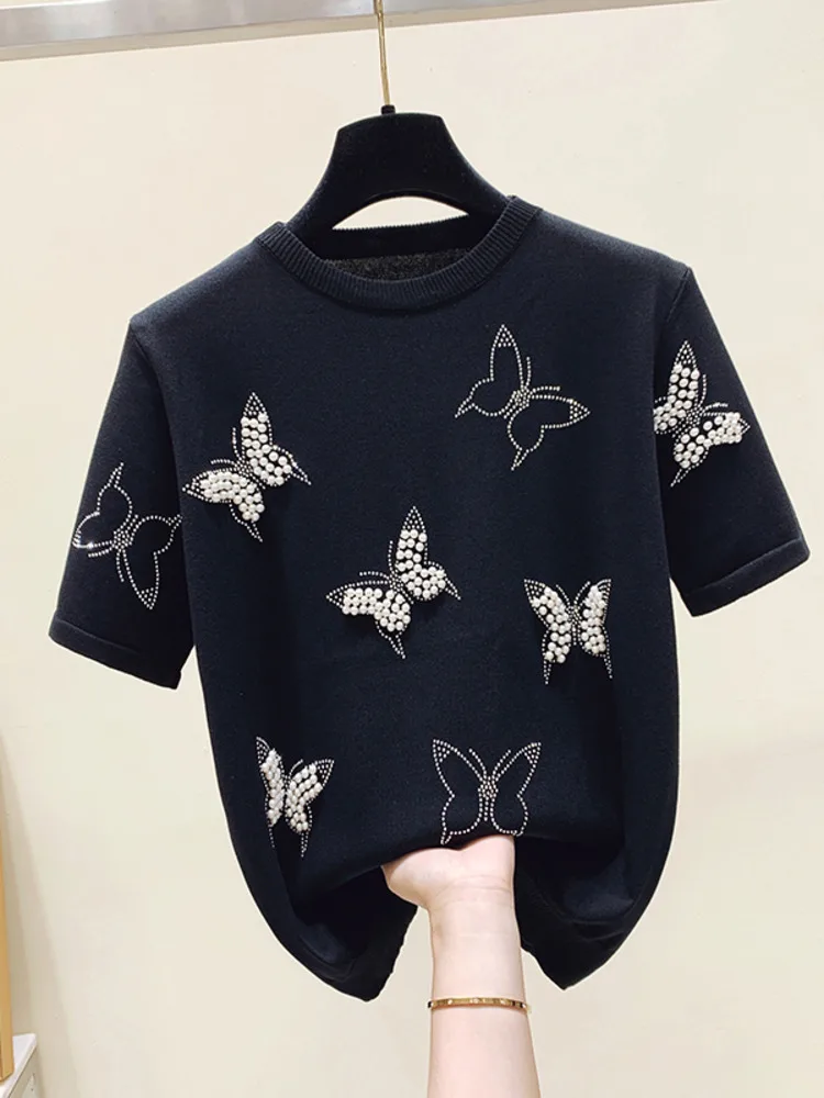 New Summer Luxury Design Butterfly Nail Bead Short Sleeve Knit Sweater Korean Fashion Thin Casual Jumper Women Knitwear 2024