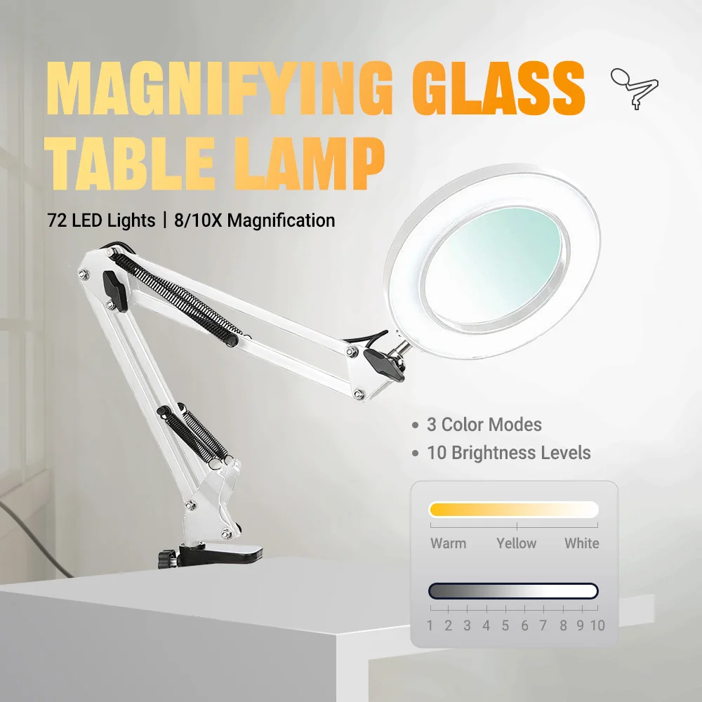 Dreifarbige 72-LED-Lupe mit 8-facher/10-facher Vergrößerung, USB-betriebene Lampe für Schmuckreparatur, Laborgebrauch und Schönheitsindustrie.