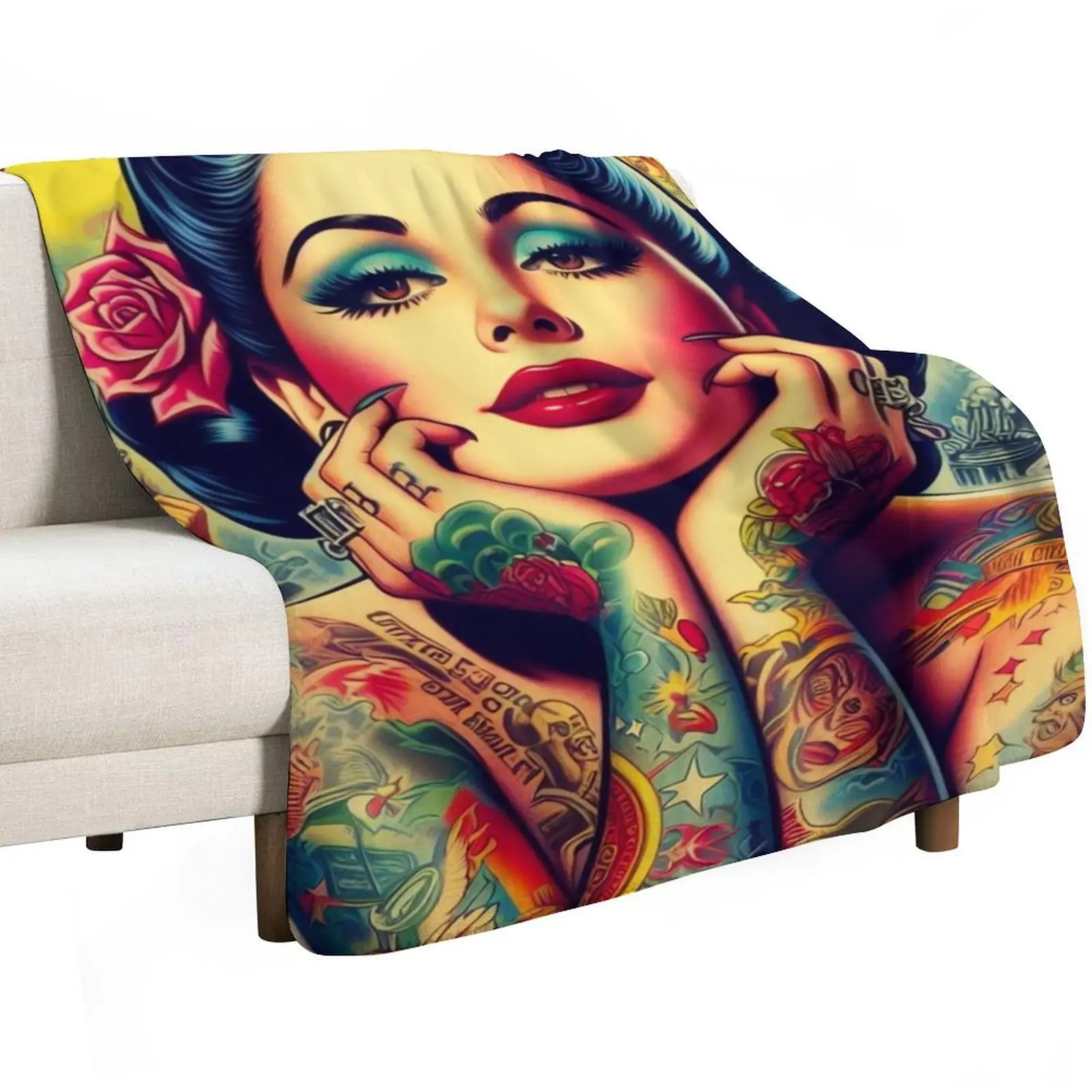 Retro Pretty Tattoo Pin-up Throw Blanket Wrinkle Resistant Lightweight Blanket