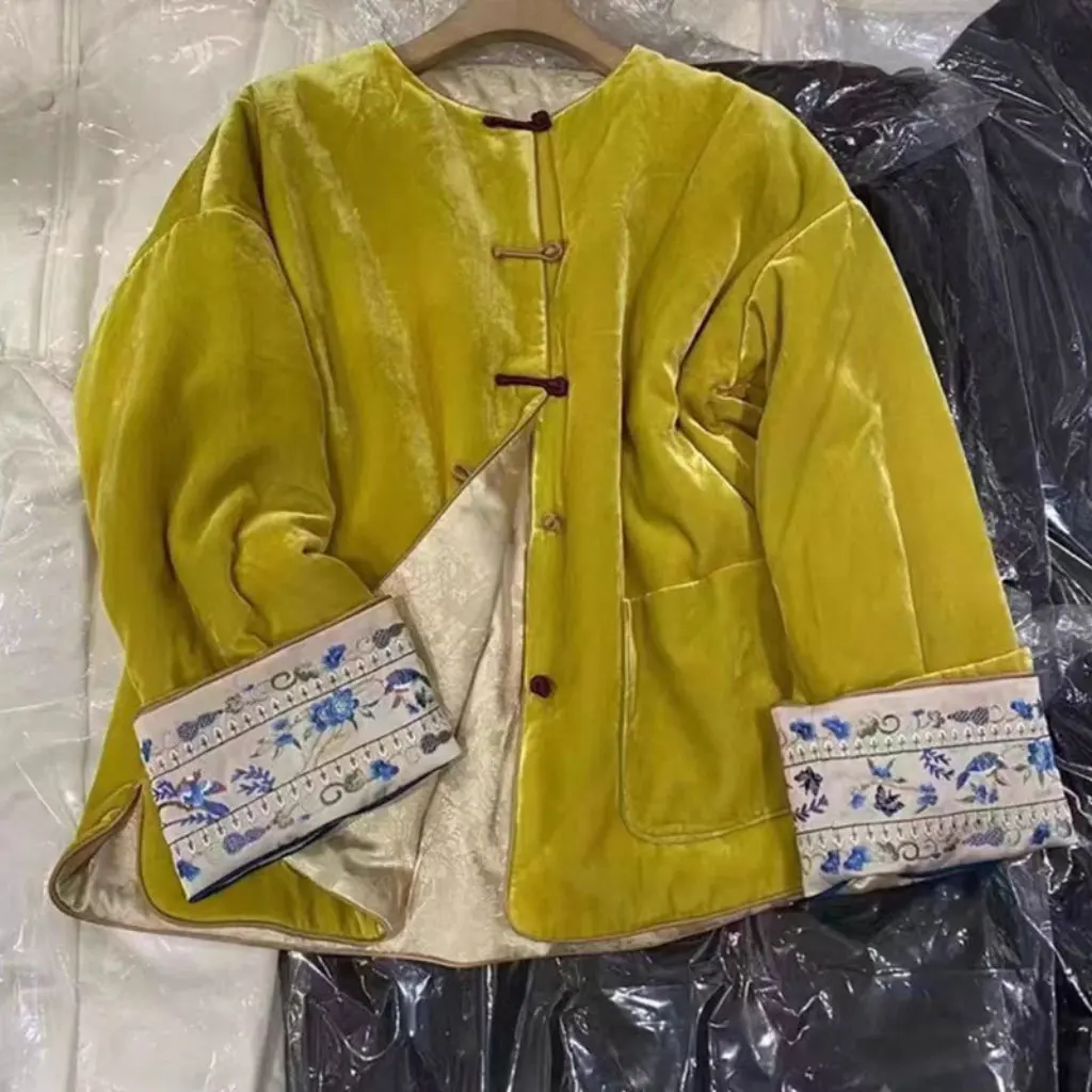

Женское желтое хлопковое пальто в китайском стиле, легкая национальная мода, элегантный осенне-зимний новый стиль с пряжкой