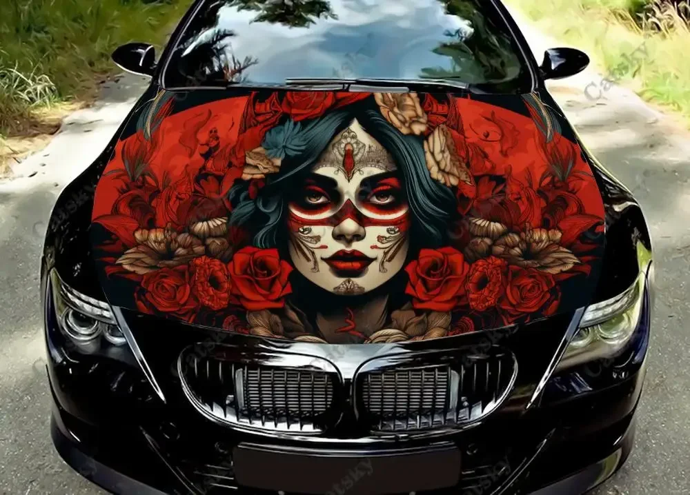 Woman With Sugar Skull Car Hood Vinyl Stickers Wrap Vinyl Film Engine Cover Decals Sticker on Car Auto Accessories Decoration