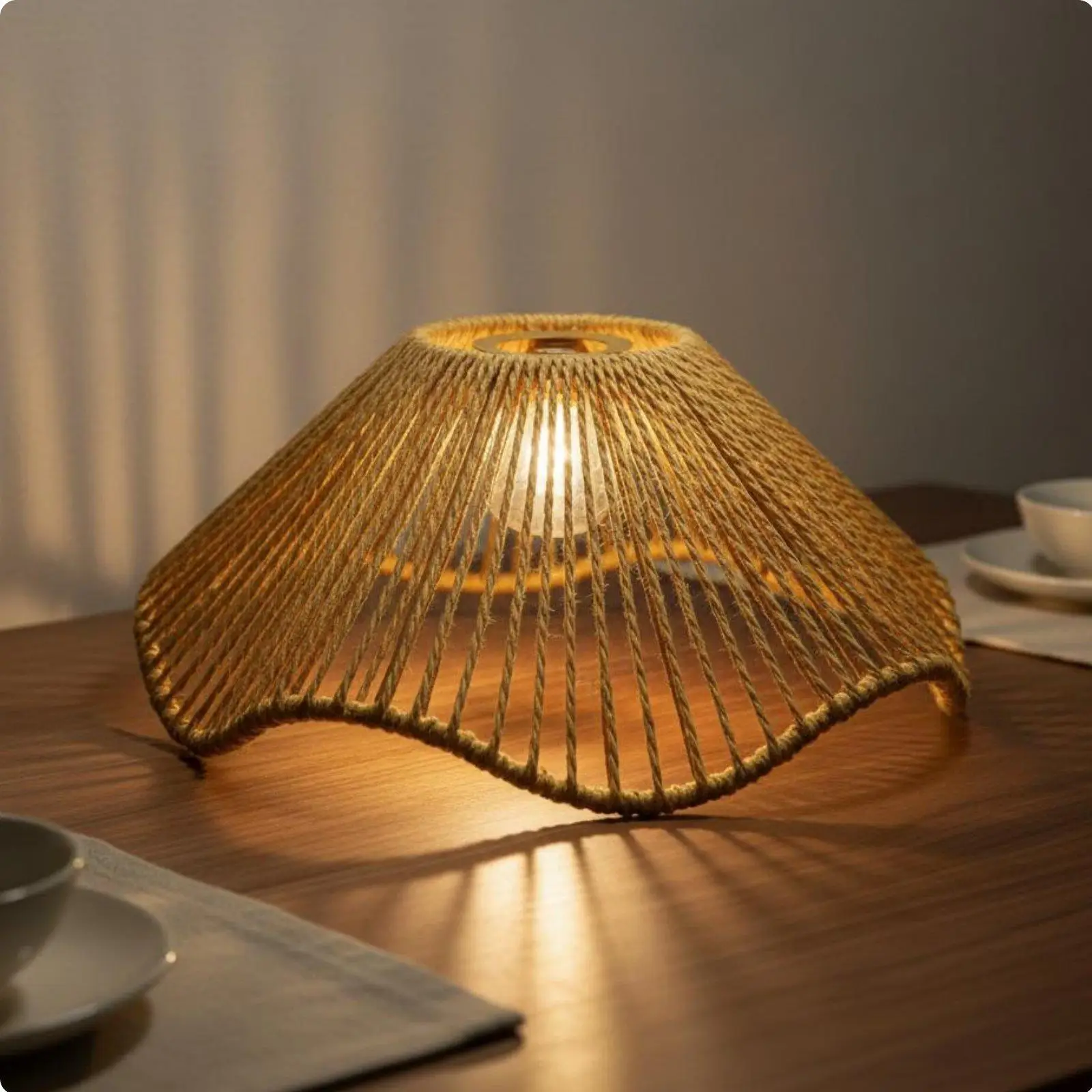Handwoven Paper Rope Lampshade Vintage Wavy Border Shade for Tea House DIY Modern Decorative Light Lampshade