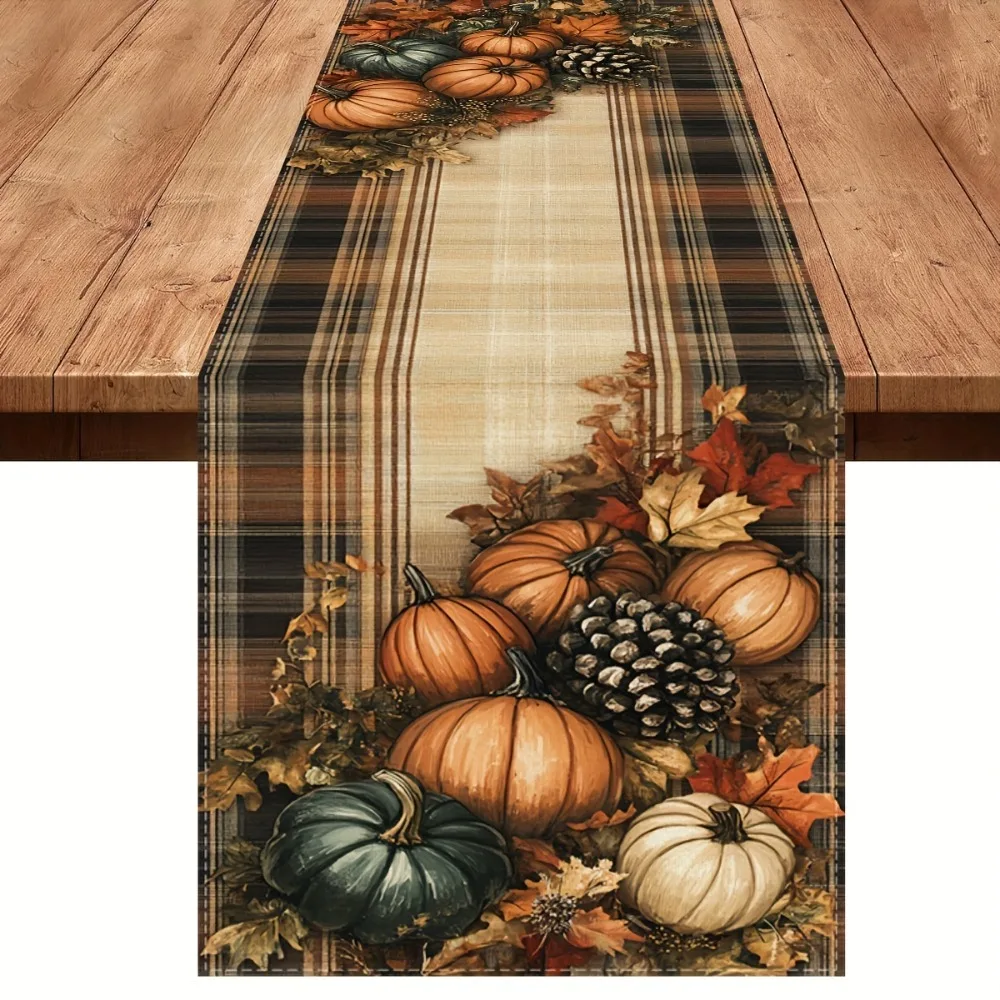 Fall Thanksgiving Table Runner, Pumpkin Maple Leaves Pinecone Buffalo Plaid Rustic Farmhouse Autumn Harvest Home Decor, Seasonal