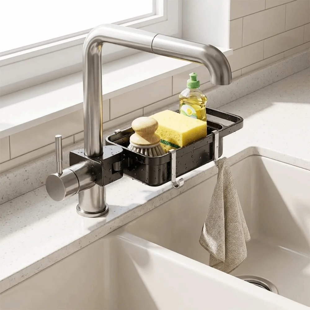 Rotatable Structure Rotatable Kitchen Faucet Mount Practical Design Space Saving Storage Basket Hollow Draining Design