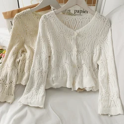 OUMEA Women Crochet Cardigans Spring Autumn Long Sleeve Cotton Blouse Patchwork Casual Buttons Front Blouse Vintage Blouses