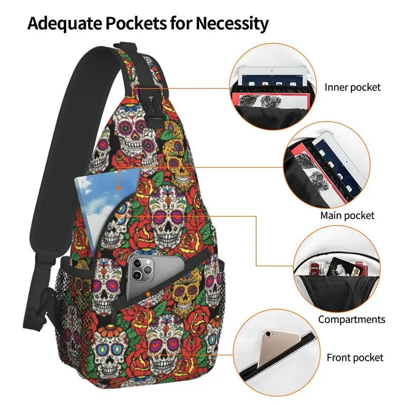 Fashion Flowers Sugar Skull Pattern Sling Crossbody Backpack Men Day Of The Dead Shoulder Chest Bags for Camping Biking