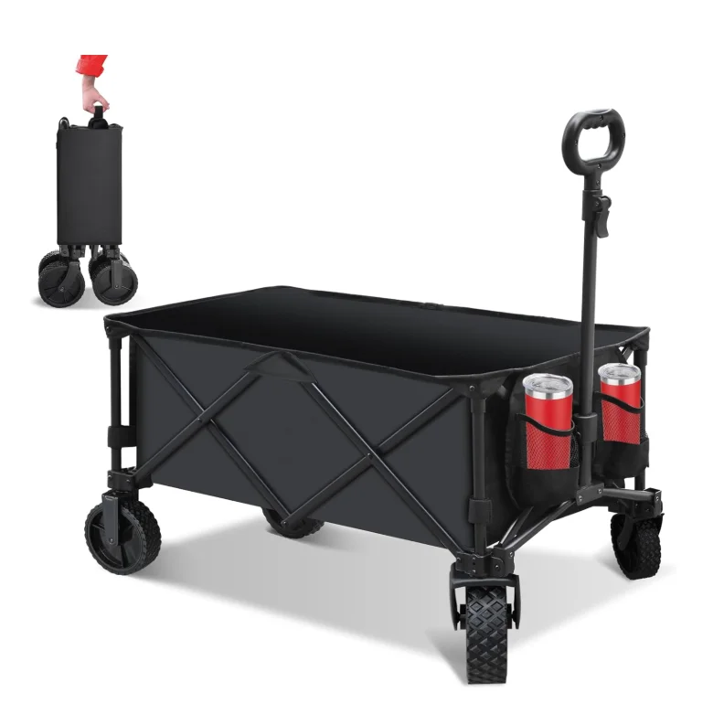 

Collapsible Stainless Steel Garden Wagon Cart Heavy-Duty Folding Beach Trolley with Adjustable Handles Stable Camping Wagon Cart