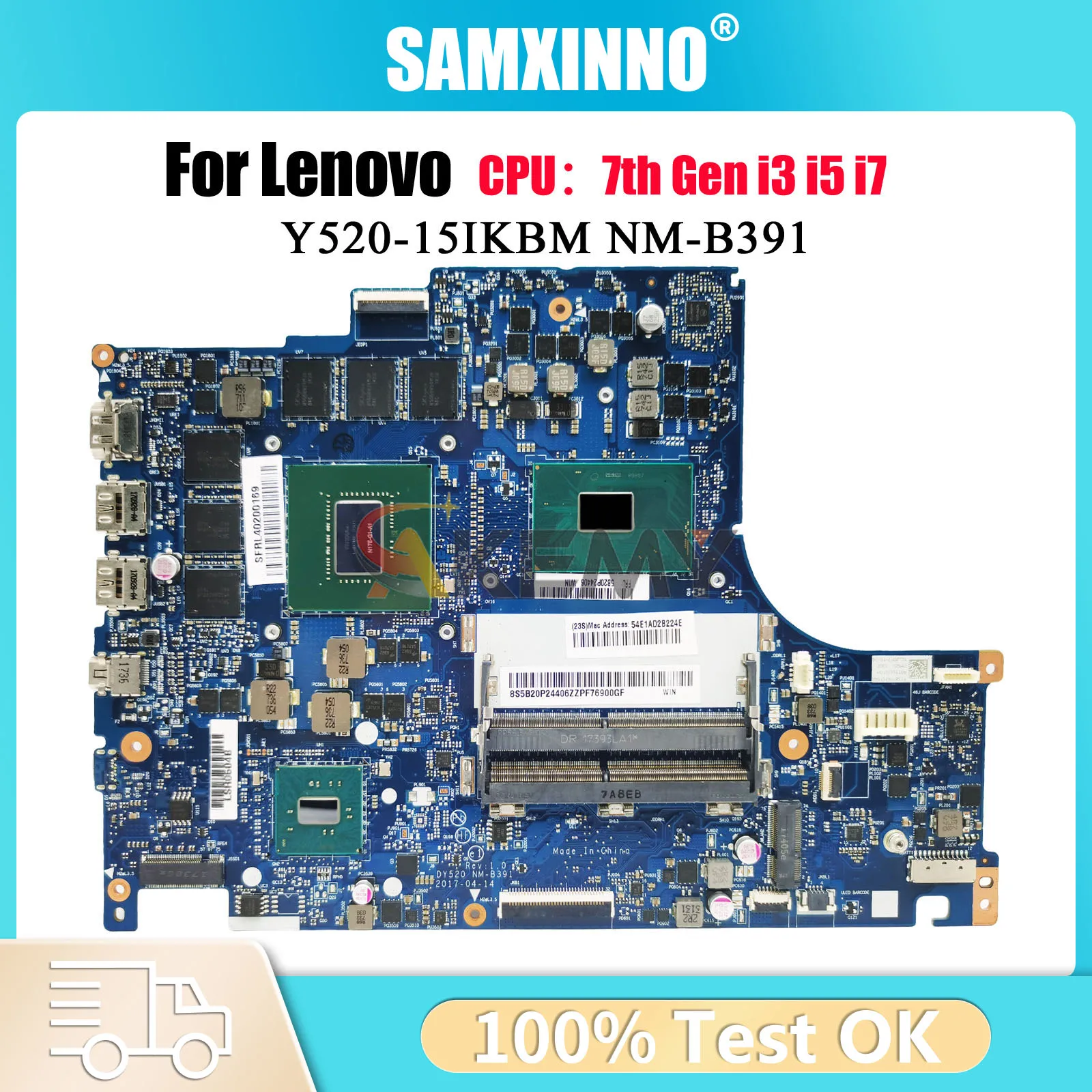

For Lenovo Y520-15IKBM Laptop Motherboard NM-B391 with i5 i7 CPU GTX1060 3G/6G GPU 100% Fully Tested