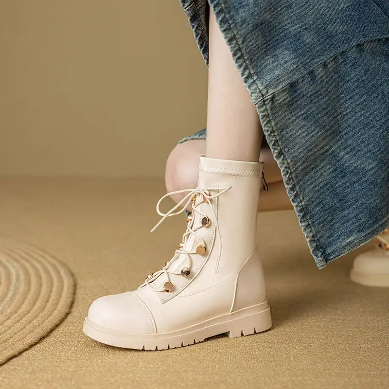 

ORCHA LISA 2025 New Retro Women's Boots Round Toe 3cm Thick Heel Zipper Lace Up Metal Decor Small Size 31-32-33 Leisure Stretch