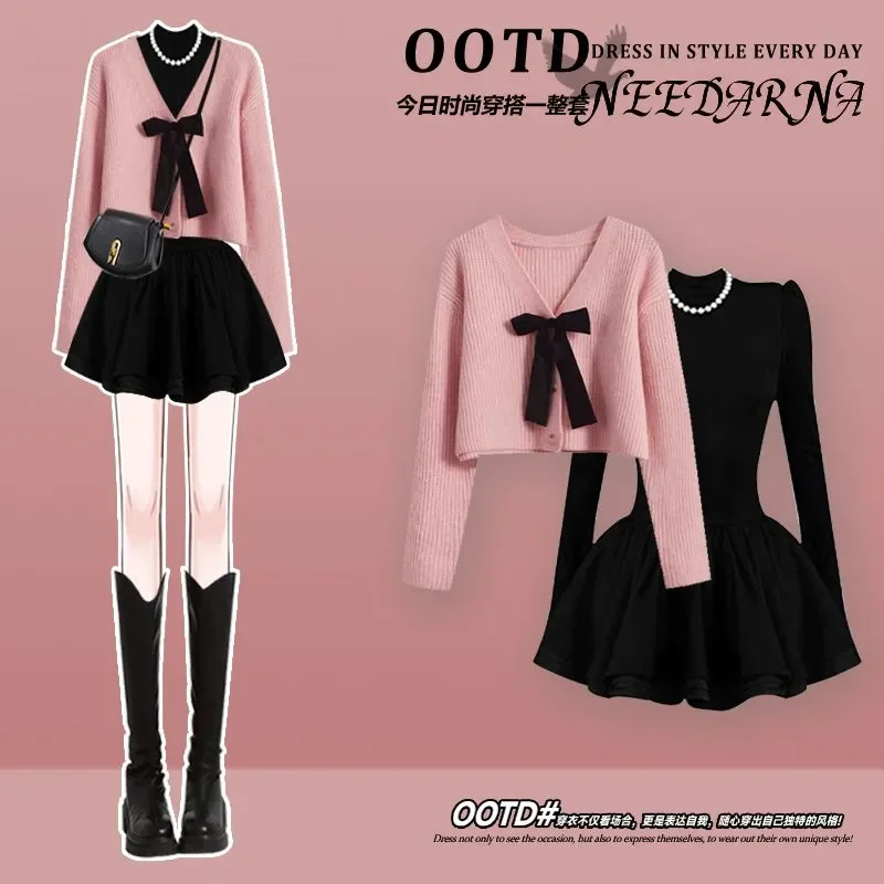 

2025 New Women's Pink Knitted Sweater High Waisted Black Dress Casual Sweet 2 Piece Suits Fashion Sets