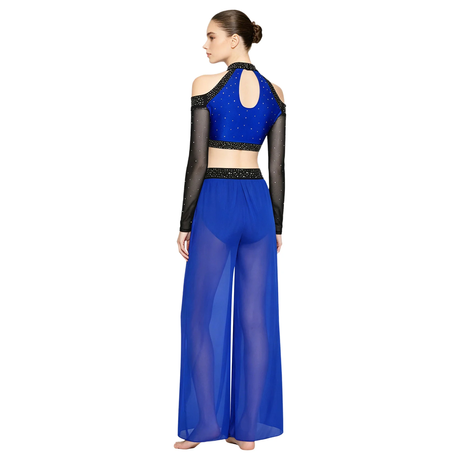 

Womens Lyrical Dance Costume Cold Shoulder Mesh Long Sleeve Sequin Top Rhinestone Split Wide Leg Pants Ballet Dance Performance