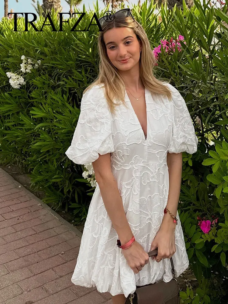 TRAFZA Women Elegant White Embroidery Dress V Neck Short Sleeve Mini Dresses 2024 Summer Fashion Y2K High Street Dress Vestidos