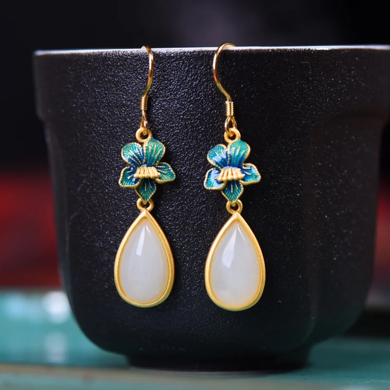 

Женские серьги-капли из белого нефрита Hetian с эмалью, серебро S925, инкрустированный крючком для ушей