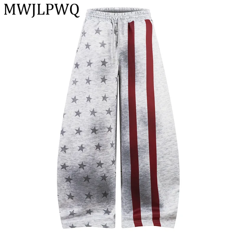 

MWJLPWQ 2026 New American-Style Distressed Print Fleece-Lined Curved Hem Sweatpants Men Women Loose Thick Wide-Leg Pants 16339