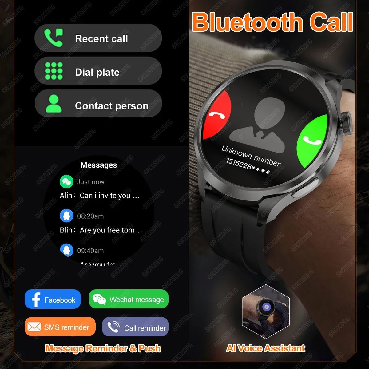 For iOS Android Bluetooth Calling blood oxygen health monitoring watch For Men outdoor IP67 Waterproof sports watch For Huawei