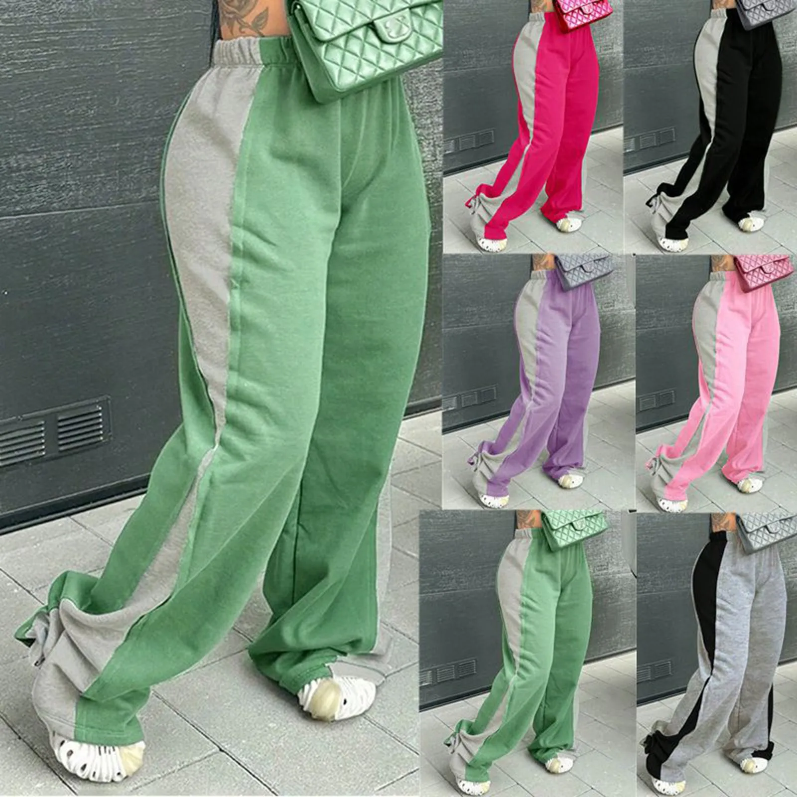 Women Plus Size Wide Leg Pants Casual Loose Pockets Color Blocked Pants Women's Clothing Versatile Sweatpants 2024