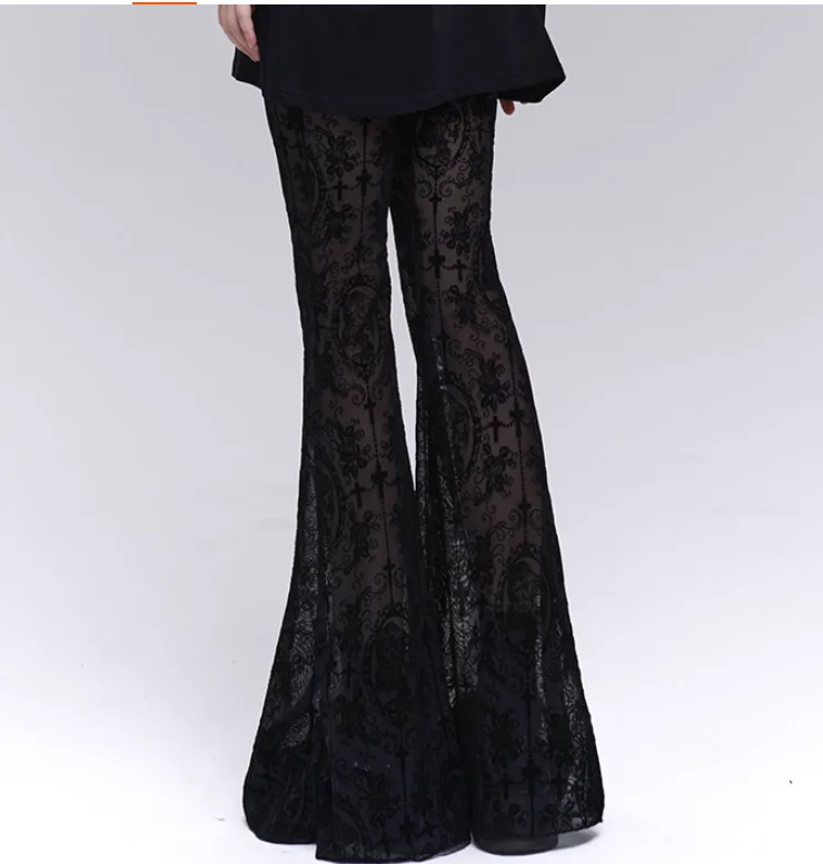 Gothic Subculture Black Sexy Sweet Lace Micro Flared Pants Fashion Versatile High Waist Personality Girls Street Punk Pants