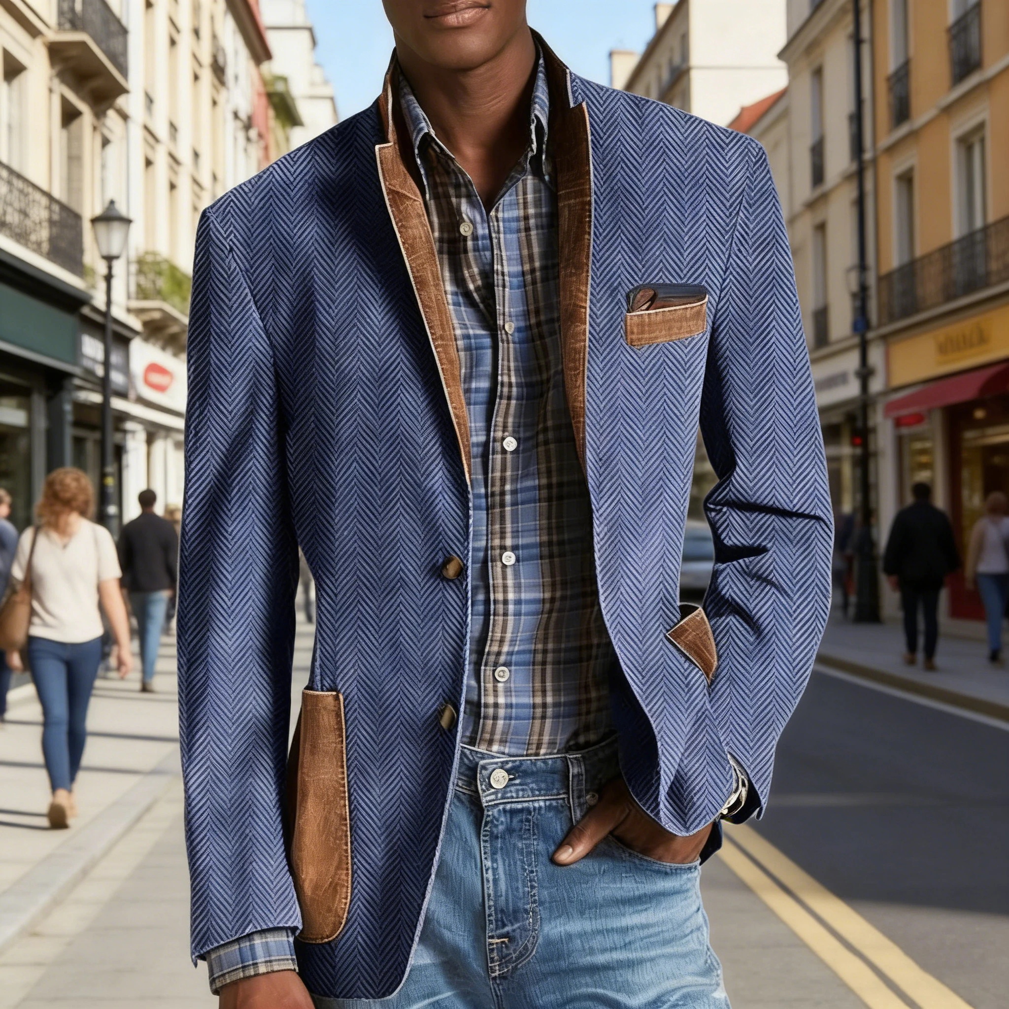 

Vintage Men's Herringbone Blazer Casual Patchwork Suede Trim Notched Collar Suit Jacket Slim Fit Fashion Business Sport Coat