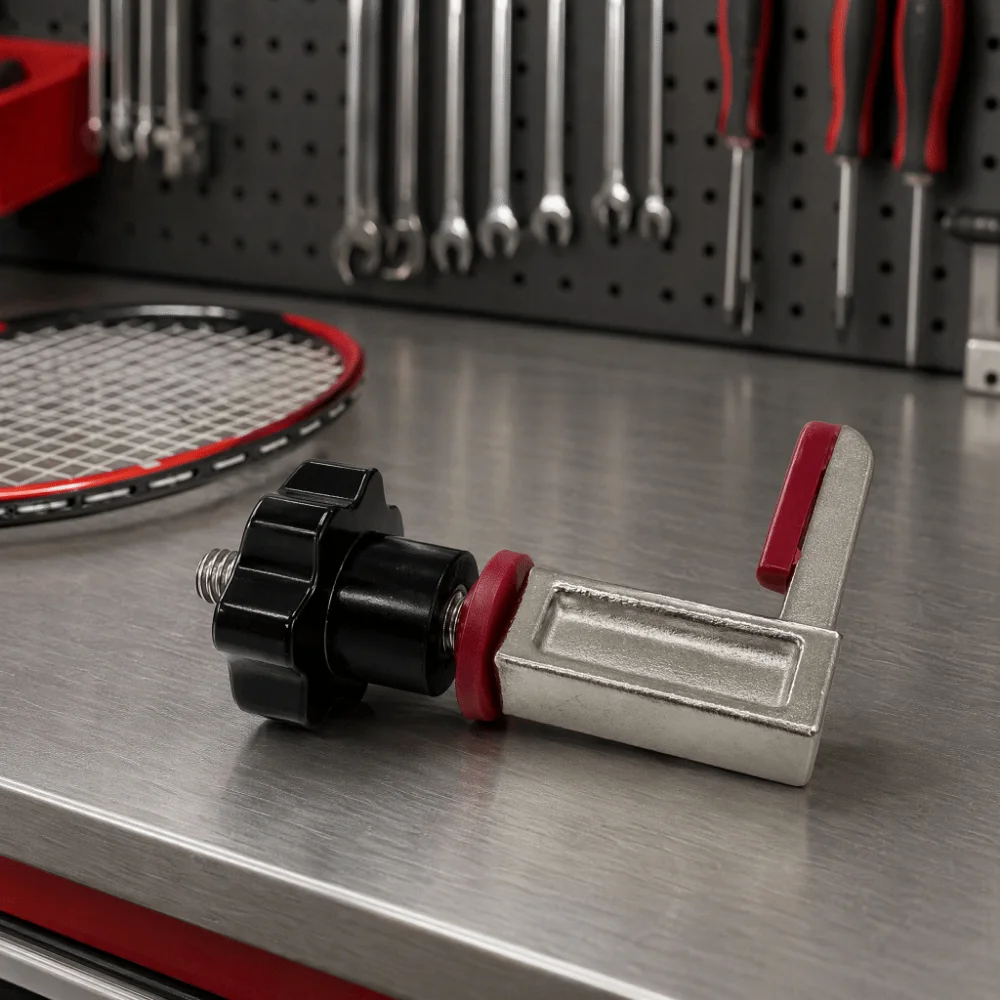Threaded Screw Tennis Racket L Frame Cantilever Black Adjustable Knobs Visible Metal Fixed Arm Red Contact Pads