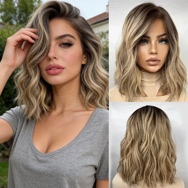 

Высококачественный синтетический парик с HD-кружевом 13x4, 12 дюймов, с отдельной линией роста волос, омбре, блонд-коричневый, короткий волнистый боб, оптовая цена от производителя