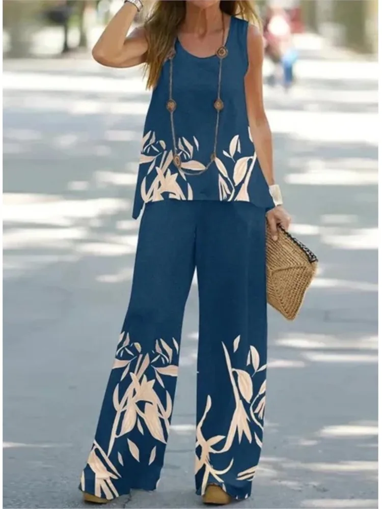 Summer Print Suit 2024 Women Sleeveless Round Neck Top Wide Leg Pants Set Two Piece Set New Loose Casual Women\'s Clothing