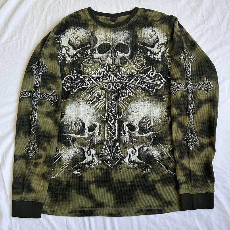 Gaono Gothic Mall Goth Pullovers Tops Women Men 2000s Cyber Grunge Cross Skull Print T-shirt Y2K Autumn Long Sleeve Loose Tees