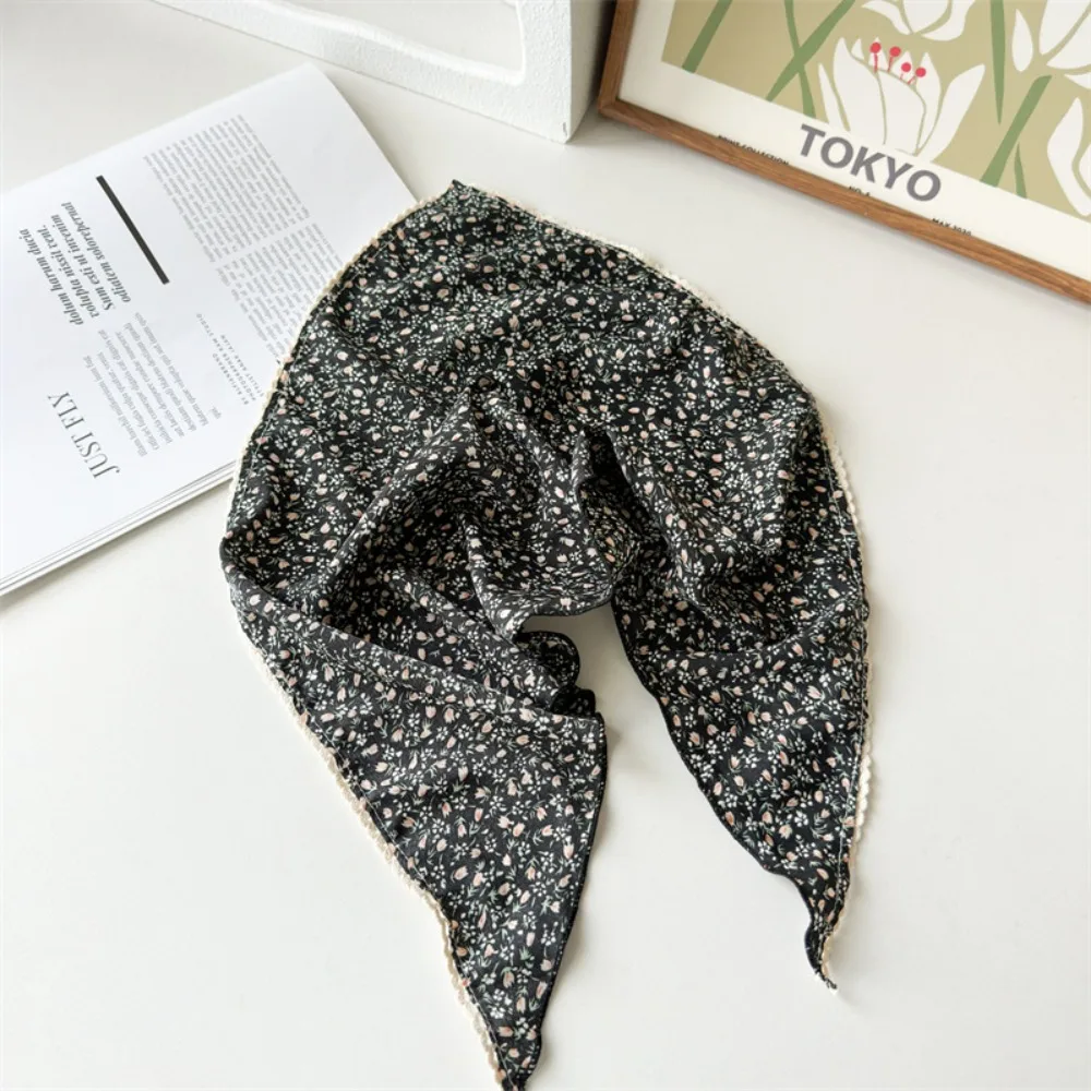 

Fashion Beach Flower Print Hair Scarf Chiffon Fabric Floral Triangle Headband Lace Trim Versatile Women's Silk Scarf Summer