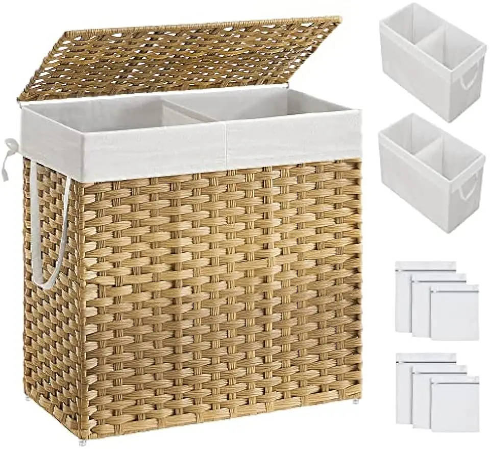 

Корзина для белья объемом 130 л с крышкой, 2 съемными вкладышами и 6 сетчатых пакетов, плетеная корзина для хранения в ванной комнате