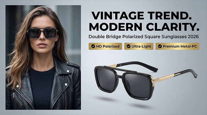 2026 Polarisierte Übergroße Quadratische Sonnenbrille für Damen Luxus Designer Doppelbrücken Y2K Mode Fahrbrille für Damen Retro Shades – Detail 1