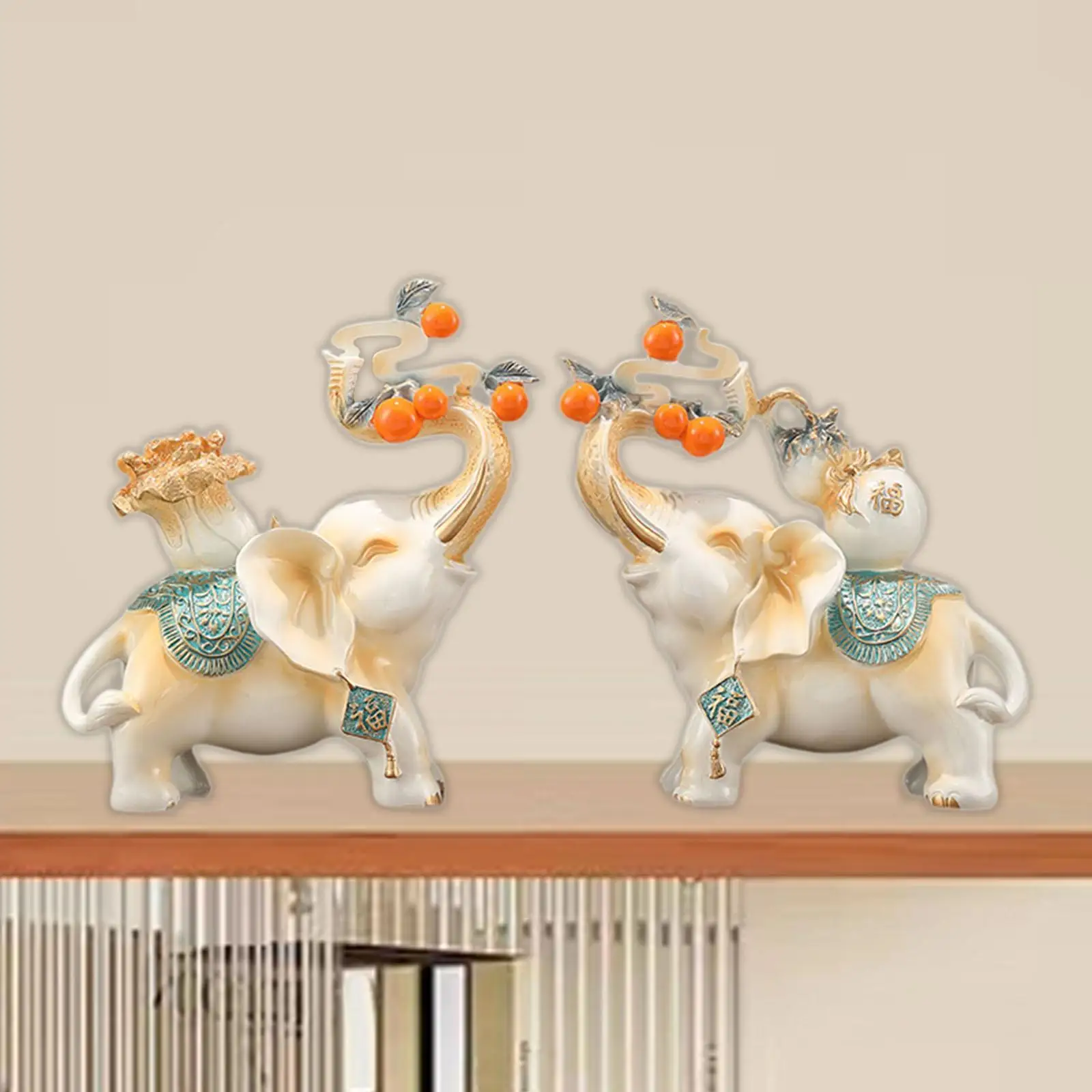 

1 Pair Elephant Statues Fengshui Ornament 7.8x4.3inch Decorative Desk Collection Resin Sculpture for Cabinets Multipurpose