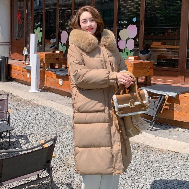 2024 New Fashion Women's Winter Clothing Thickened Hooded Large Hair Collar Long Solid Color Cotton Coat Solid Color Winter Top