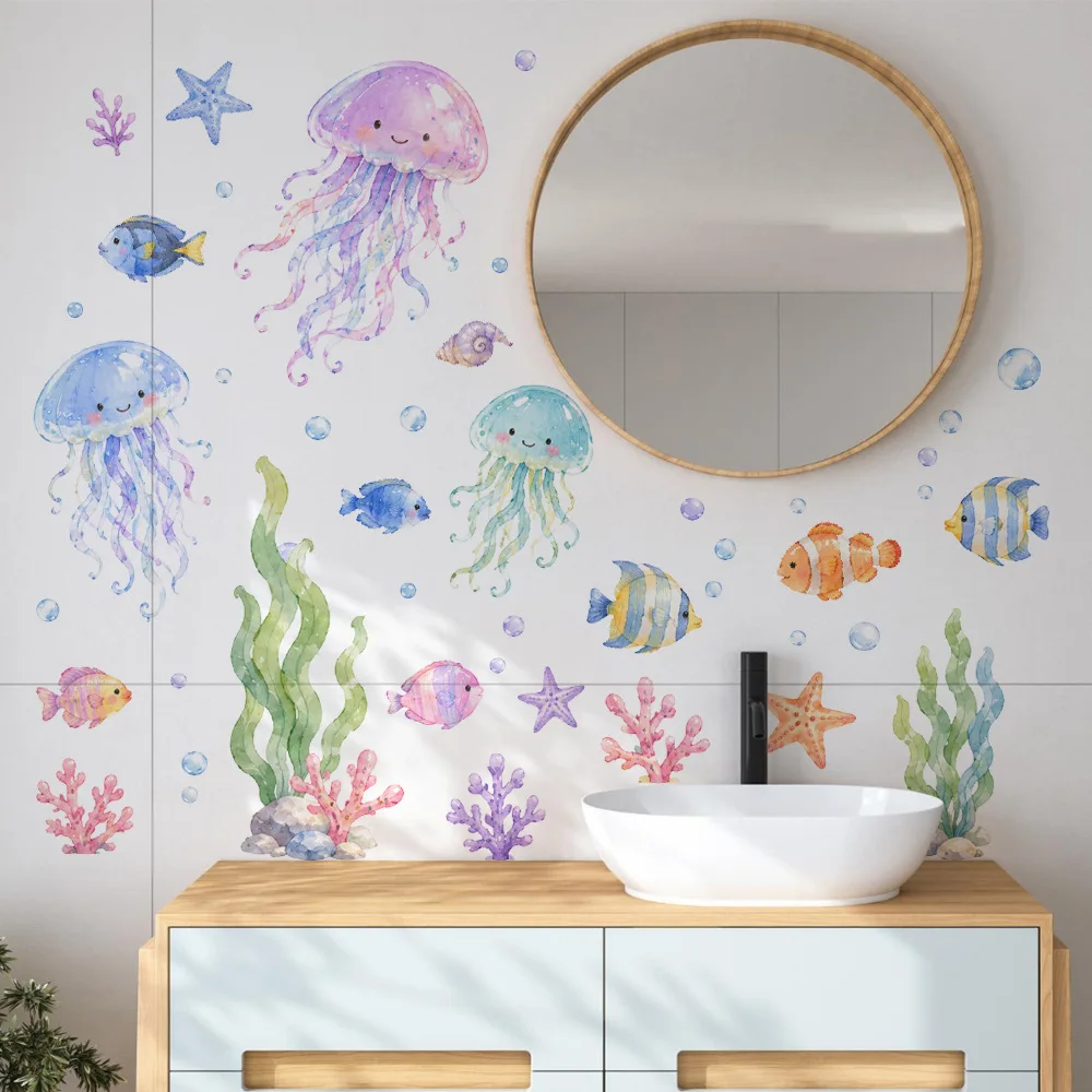 Wasserfarben-Motiv mit Meerestieren, Unterwasserwelt, Wandaufkleber, niedliche Quallen und Fische, dekorative Aufkleber für Zuhause, Schlafzimmer, Badezimmer.