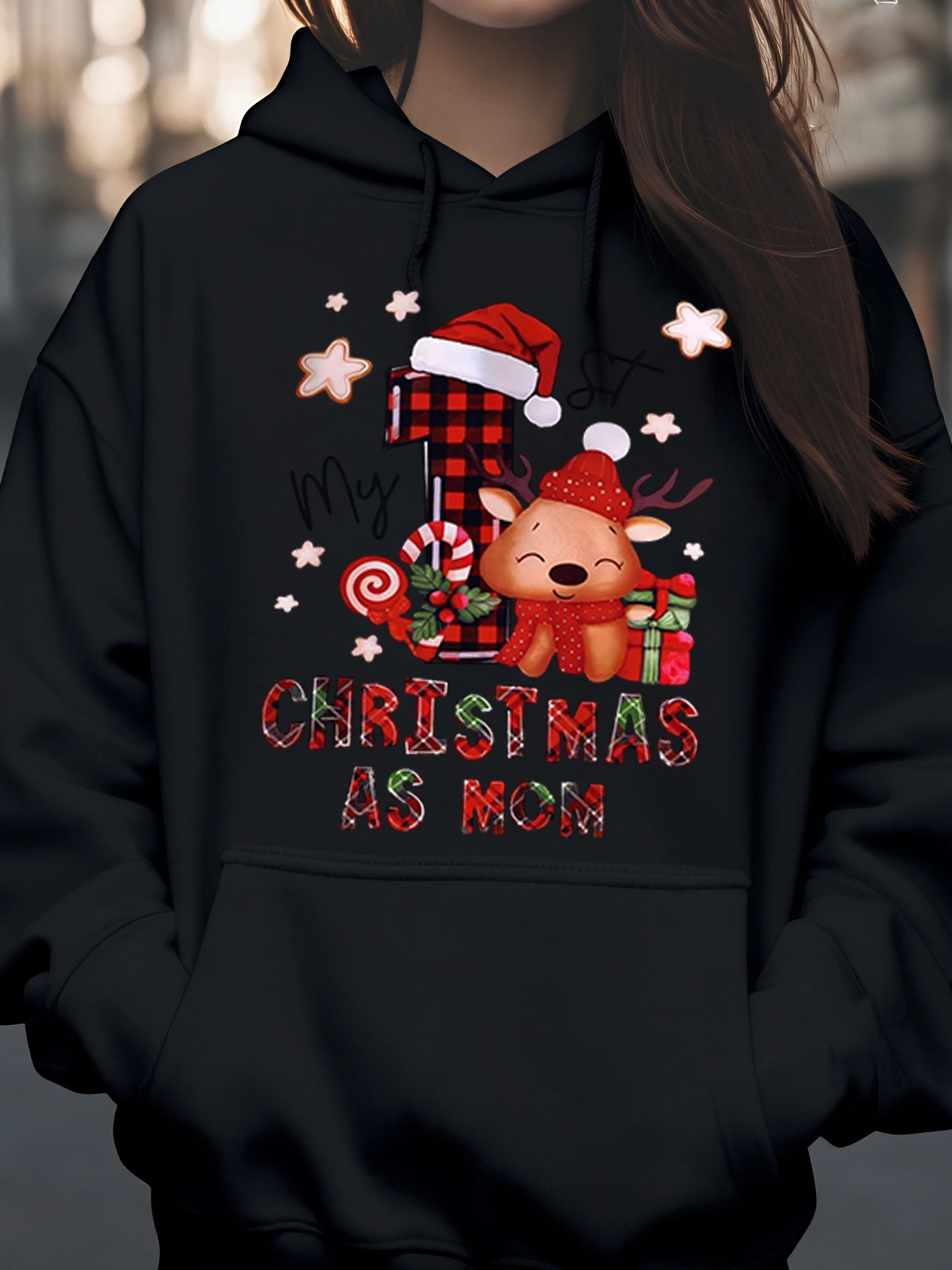 

Рождественская толстовка с принтом оленей и подарочной коробки для мамы, праздничная одежда для женщин