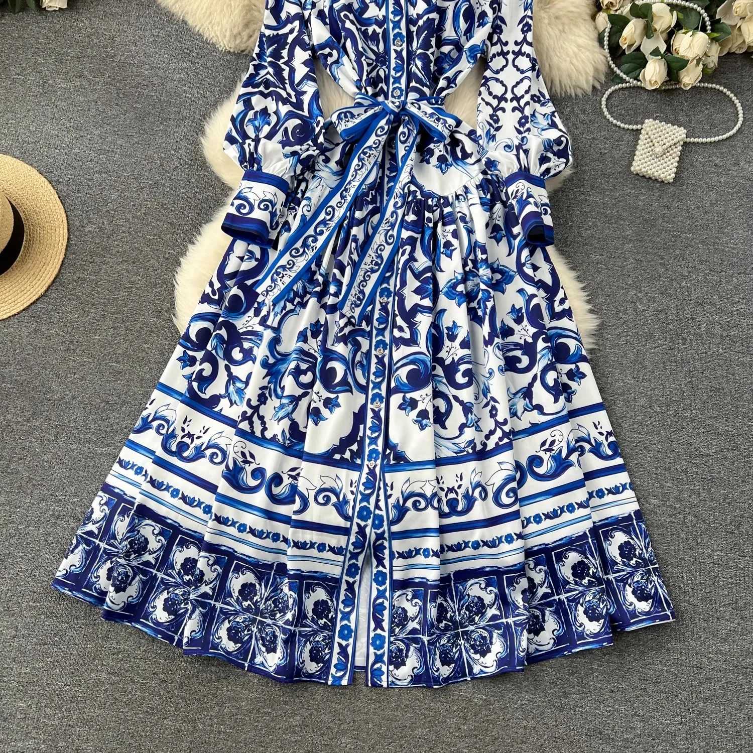 TRAF Runway Blue And White Porcelain Print Holiday Maxi Dress Women\'s Stand Single Breasted Loose Lace- Up Long Robe Vestido