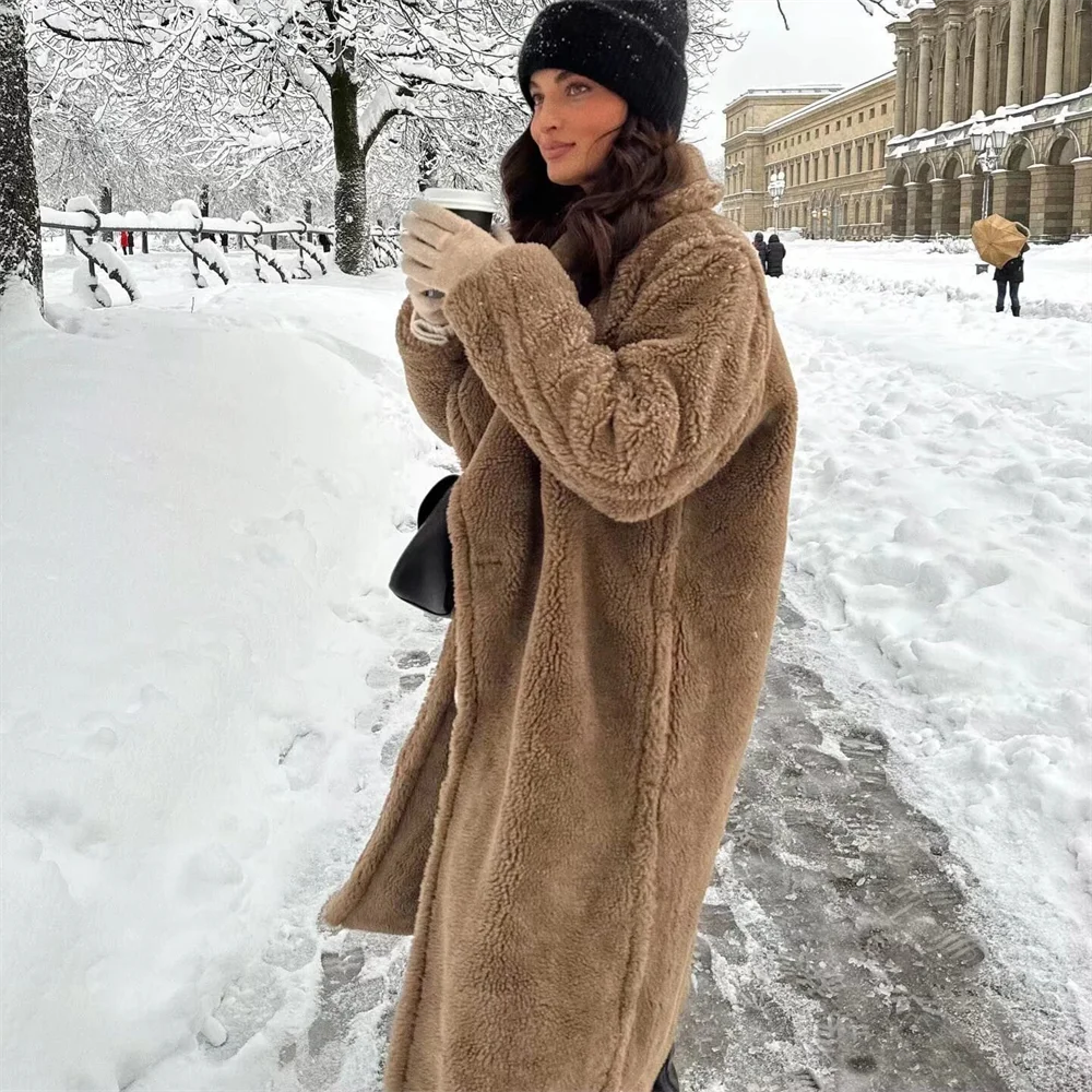 PB&ZA2024 Autumn New Women\'s Clothing Style Simple Warm Collar Fleece Loose Versatile Long Coat Coat