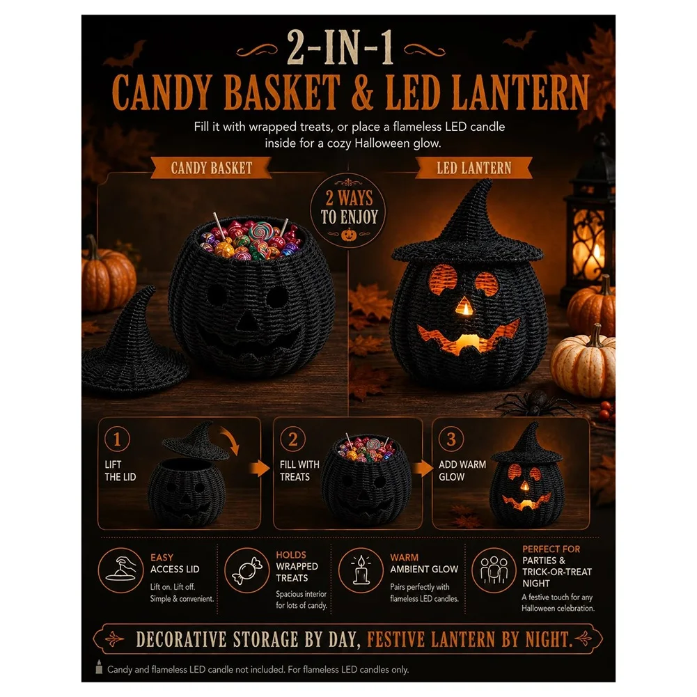 Halloween Woven Pumpkin with Witch Hat Lid Candy Storage Basket for Fall Decor