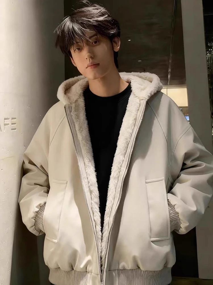 

Мужское зимнее теплое хлопковое пальто с капюшоном American Sle Thiened Fce на подкладке и меховым воротником для пар, молодежная мода