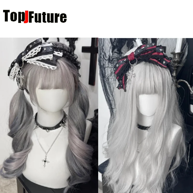 

Dark Gothic Y2K Girl Subculture Punk Lace Ruffle Rivet Leather Buckle Bow Hair band with Metal Cross Pendant Cosplay headwear