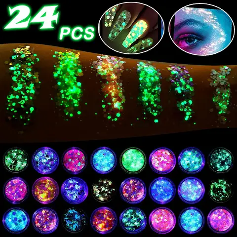 24pcs Face Glitter Makeup Glow in The Dark Body Glitter Gel UV Luminous Glitter for Festivals Party Halloween Bar Makeup