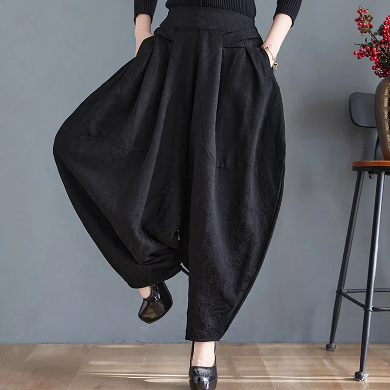 Netzfarbene bestickte Faltenhose, lockere Passform, Freizeithose, große Größe, faion Laternenhose für Damen, Baggy-Leggings