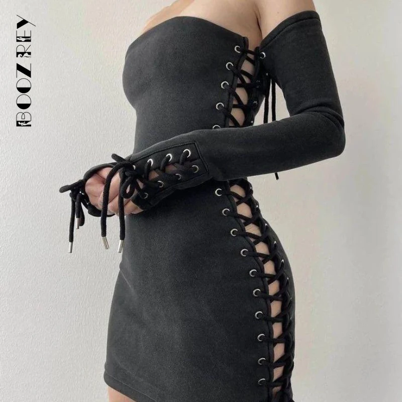 

BoozRey Sexy Womeng New Nightclub Bandage Lace Up Chest Wrapping Mini Dress Elegant Slim Skinny Korean Women Tunic Streetwear