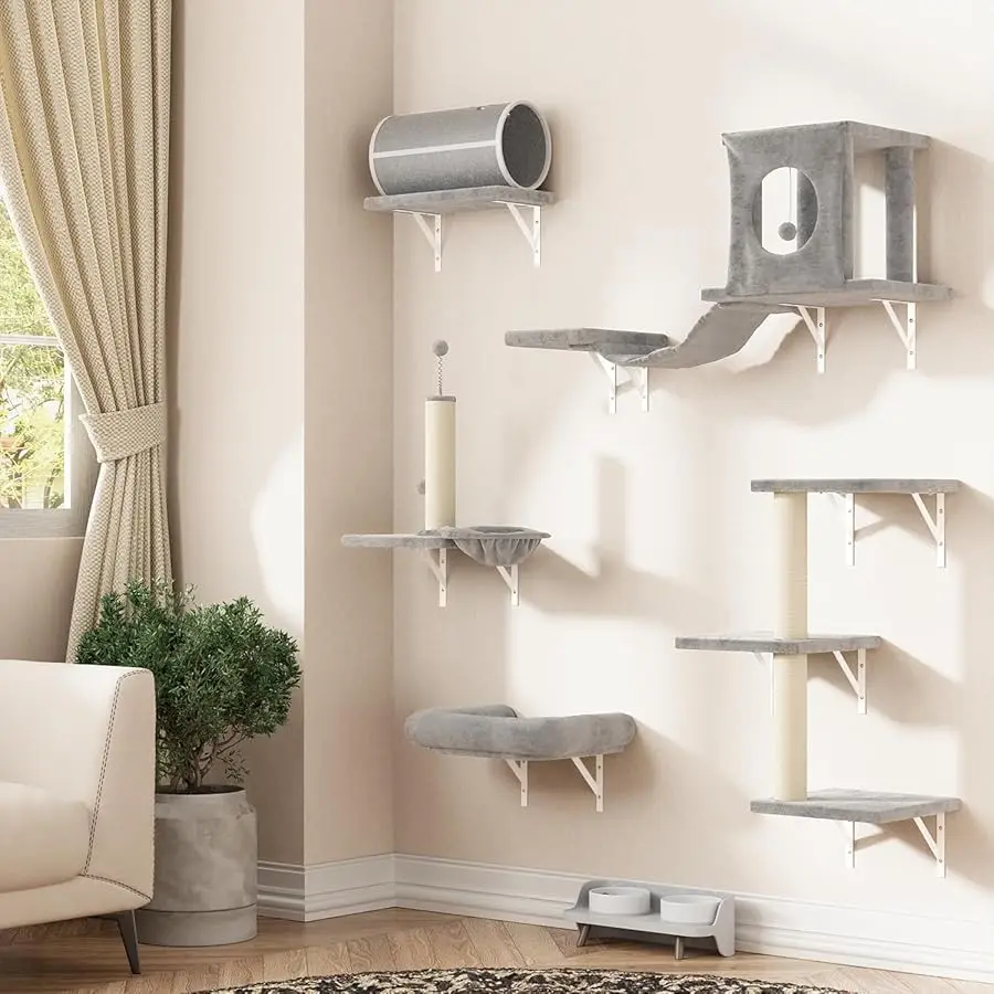 

NUNU LAB 7-in-1 Wall Mounted Cat Climber Set, Cat Furniture Set with House, Tunnel, Bridge, Tree, Steps, Scratcher Board, Hammoc