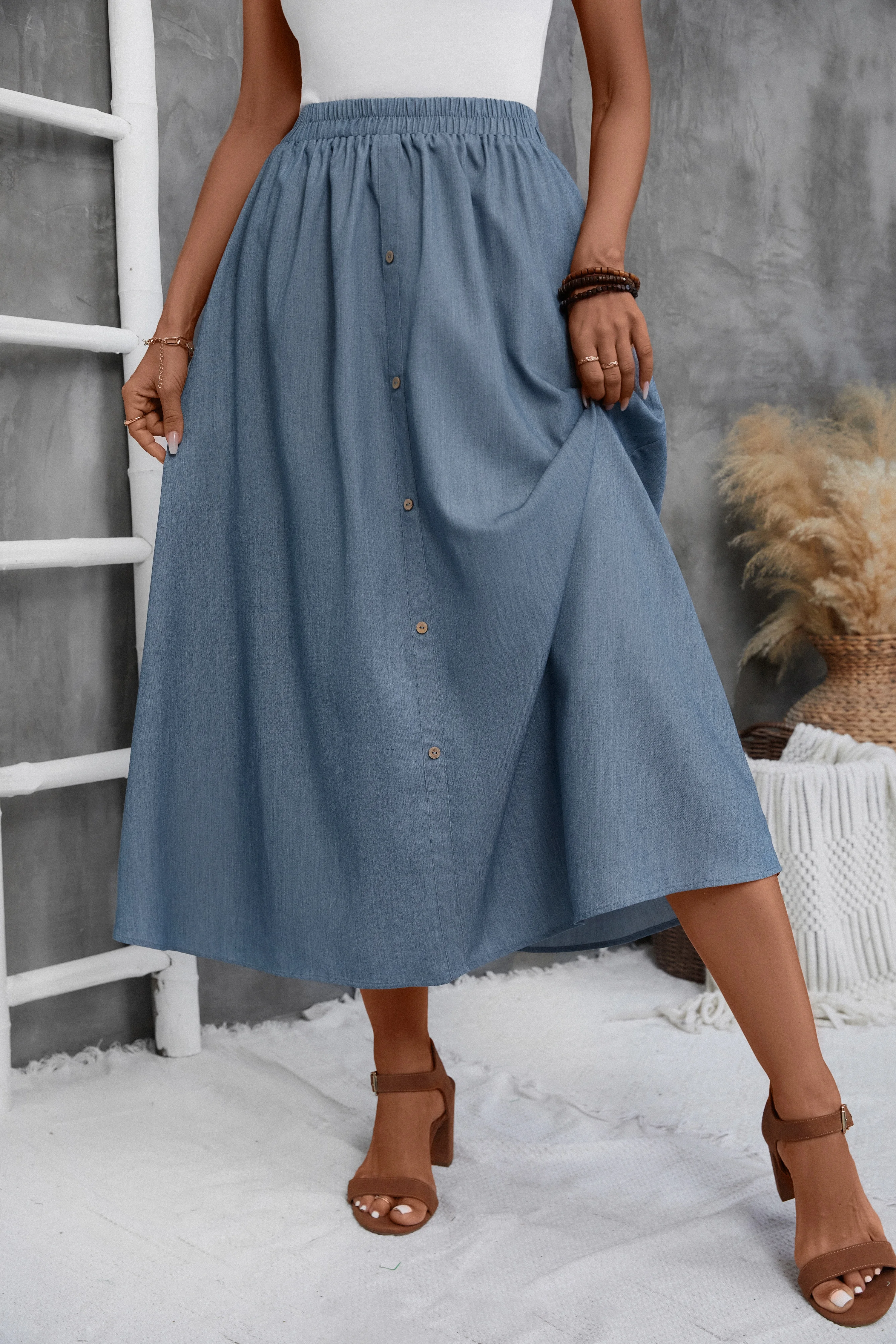 

Женская синяя юбка миди с высокой талией, А-силуэт, с пуговицами спереди и эластичным поясом, элегантная и удобная