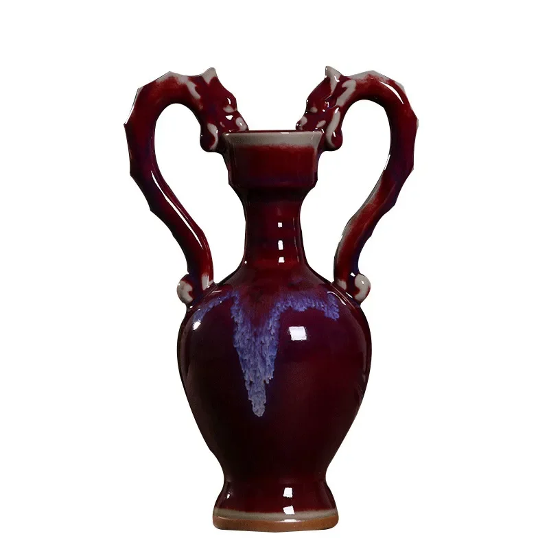 Small Jun Porcelain Ceramic Vase Antique Style Flower Arrangement Ornament for Living Room TV Cabinet Home Decor Crafts