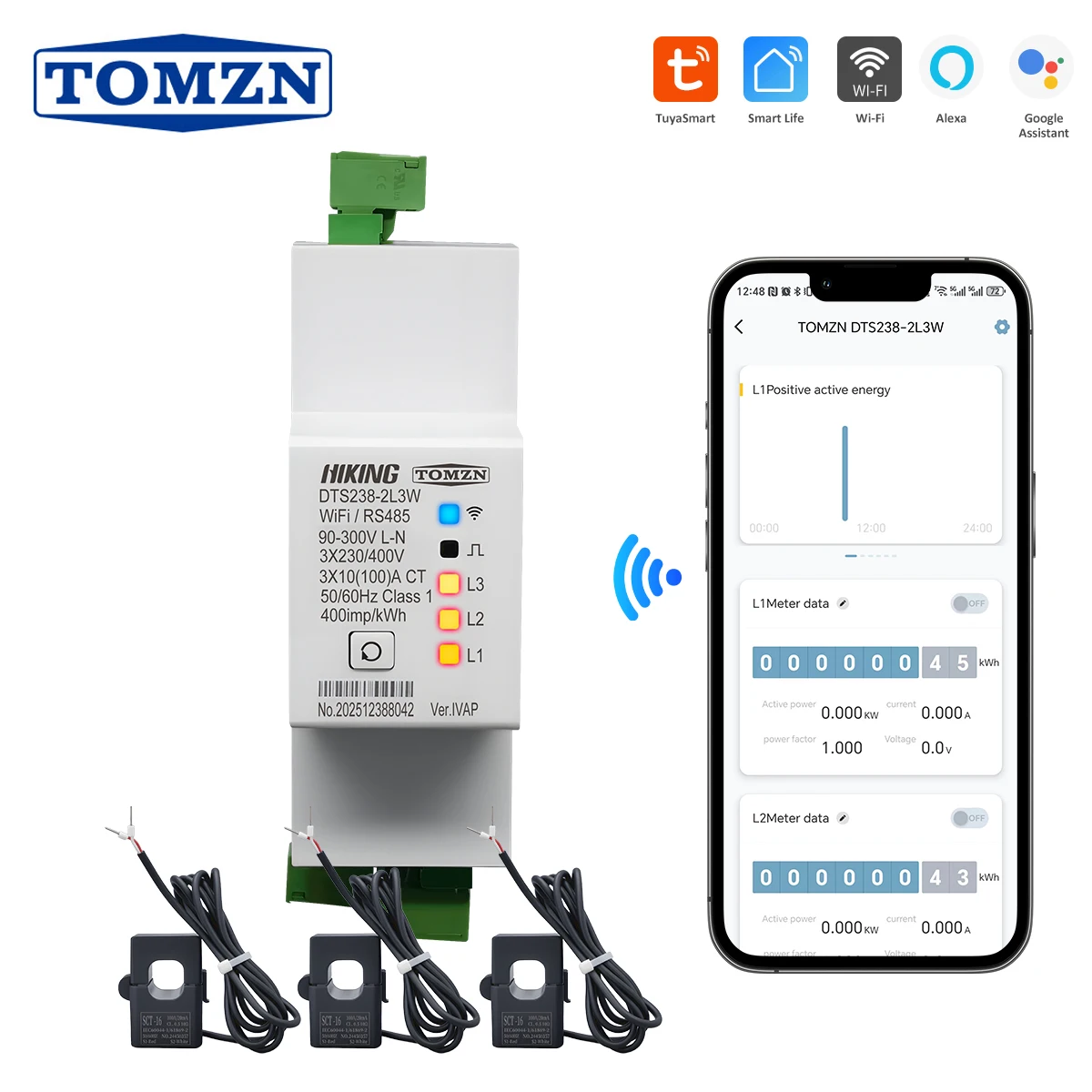 TOMZN WIFI Three Circuit Single Phase Energy Meter DTS238-2L3W 10(80)A 85-300V 50/60Hz kWh Watt Hour LCD RS485 Modbus-RTU Class1