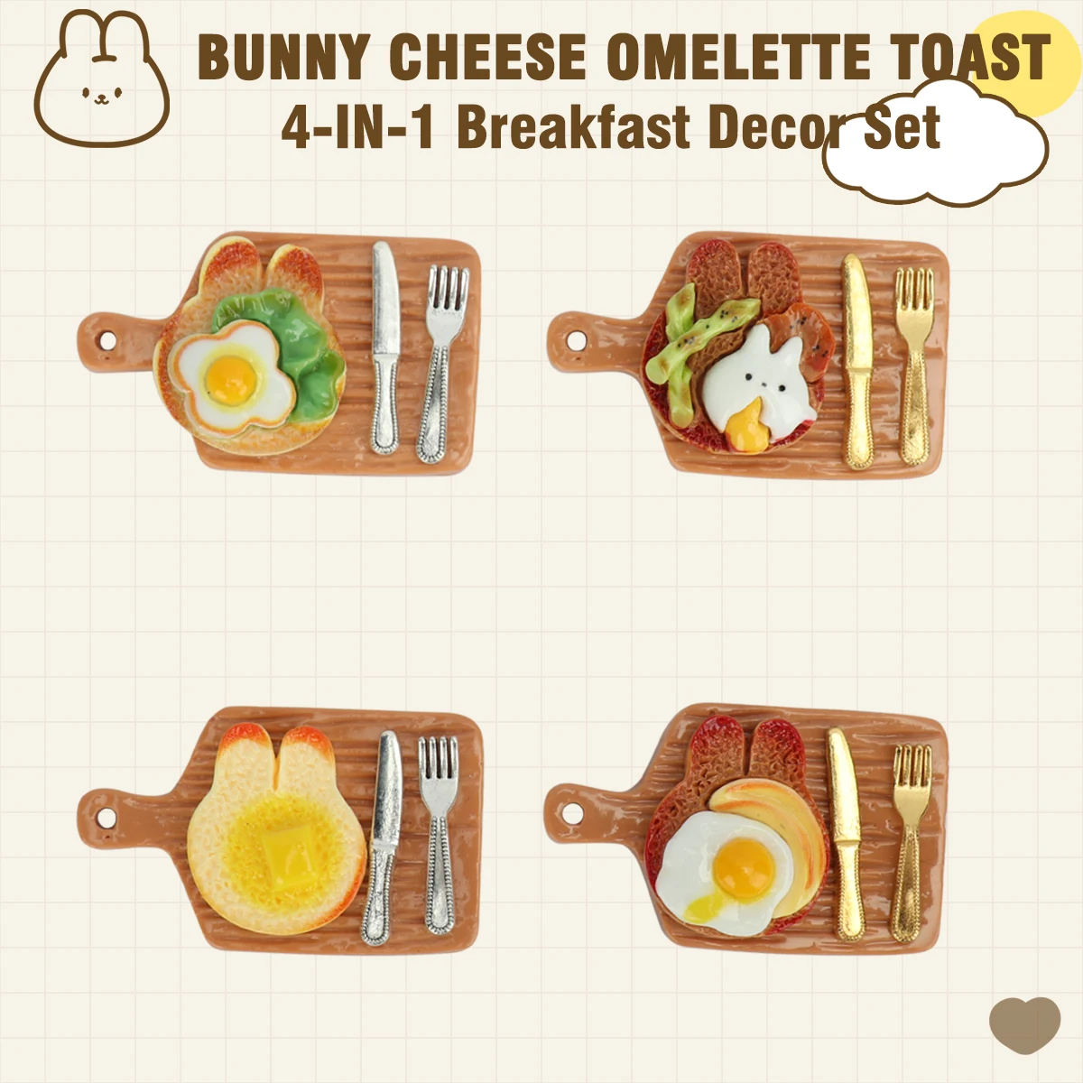 16 stks Simulatie Voedsel Spelen Konijn Kaas Gebakken Ei Toast Lade Mini Mes En Vork Set Miniatuur Scène Poppenhuis decoratie