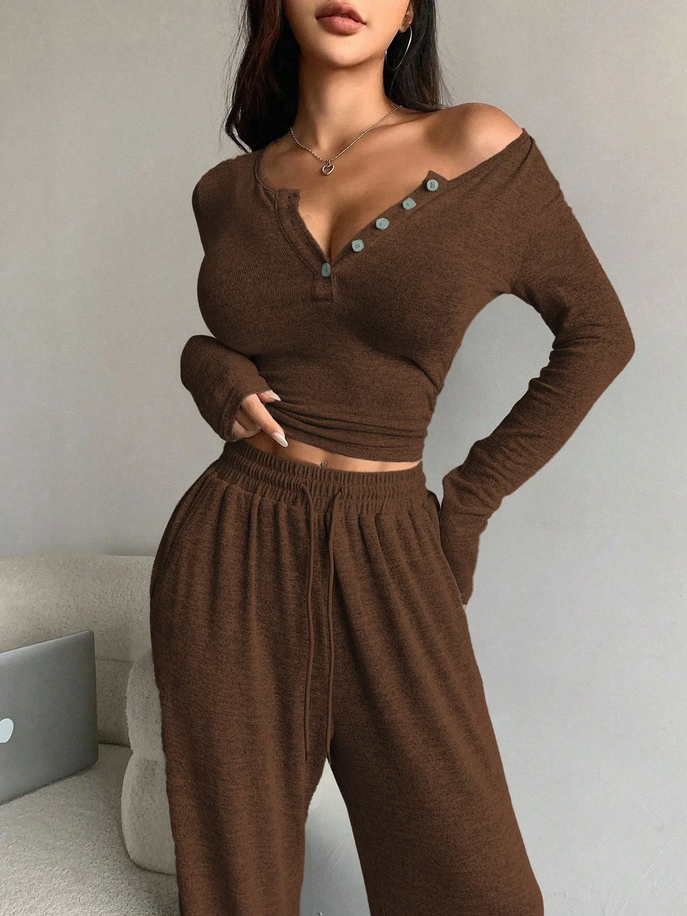 Women's Pajamas Sexy Tight-fitting Button V-neck Long-sleeved Drawstring Long Trousers Two-piece Set Casual Simple Homewear image 4